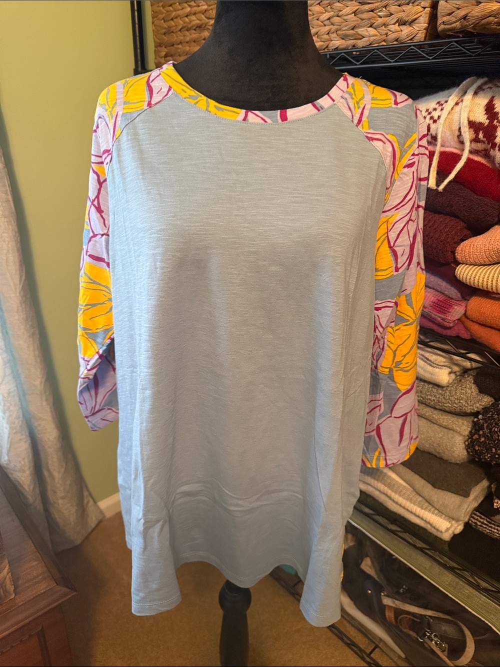 LOGO by Lori Goldstein Light Blue Top with Yellow & Pink Floral Raglan Sleeves
